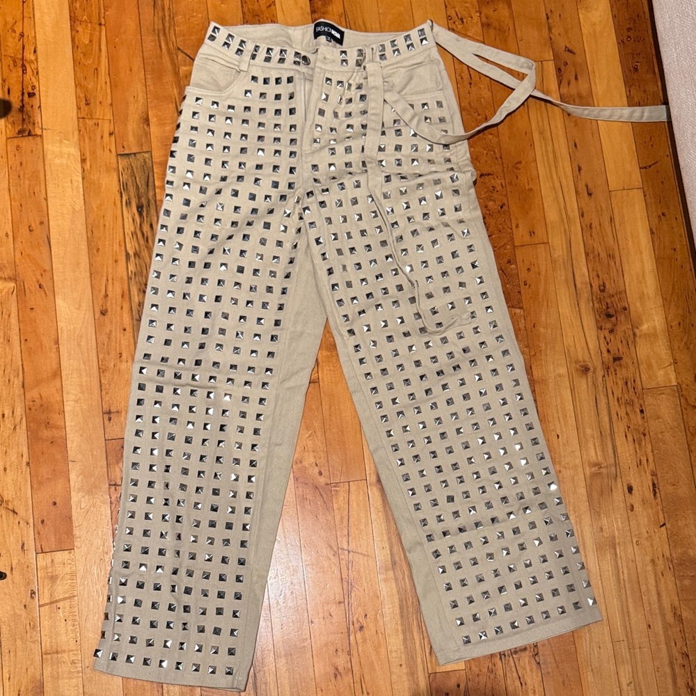Fashion Nova Silver Studded Beige Cargo Pants